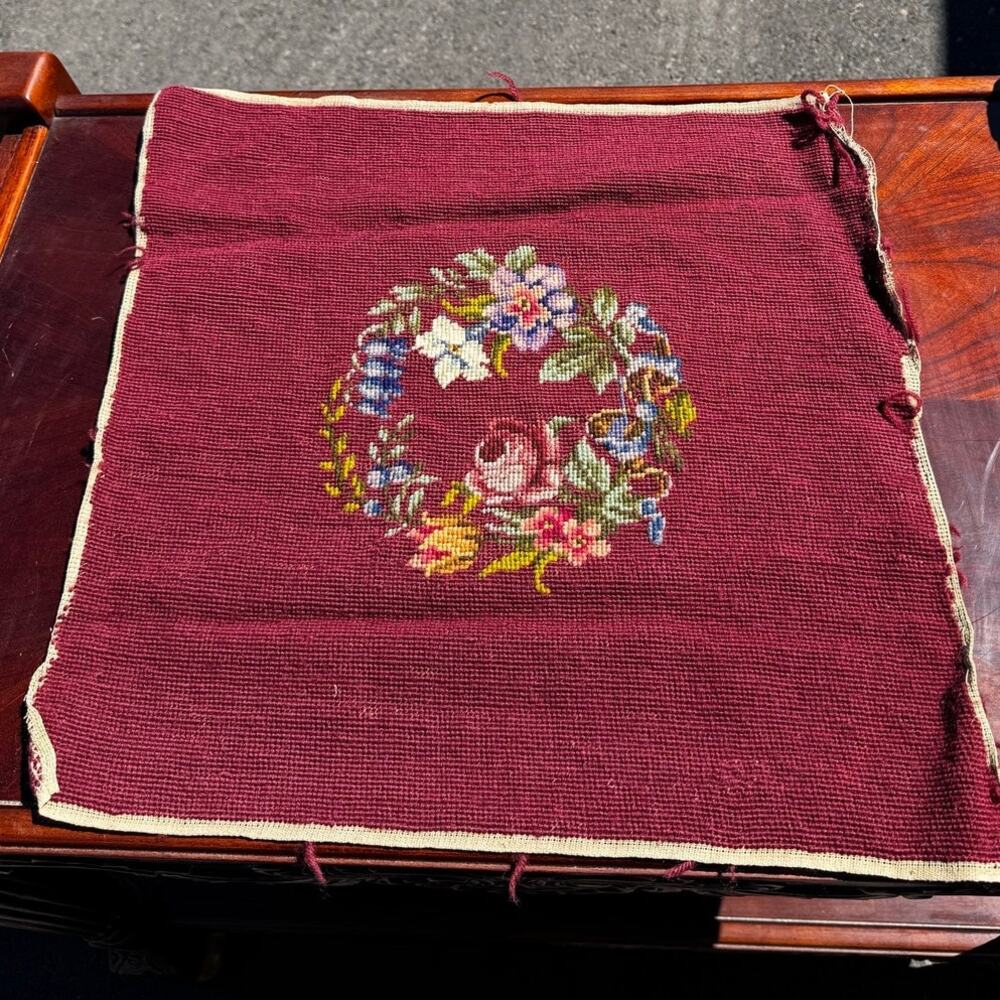 completed vintage needlepoint canvas floral wreath burgundy background gorgeous